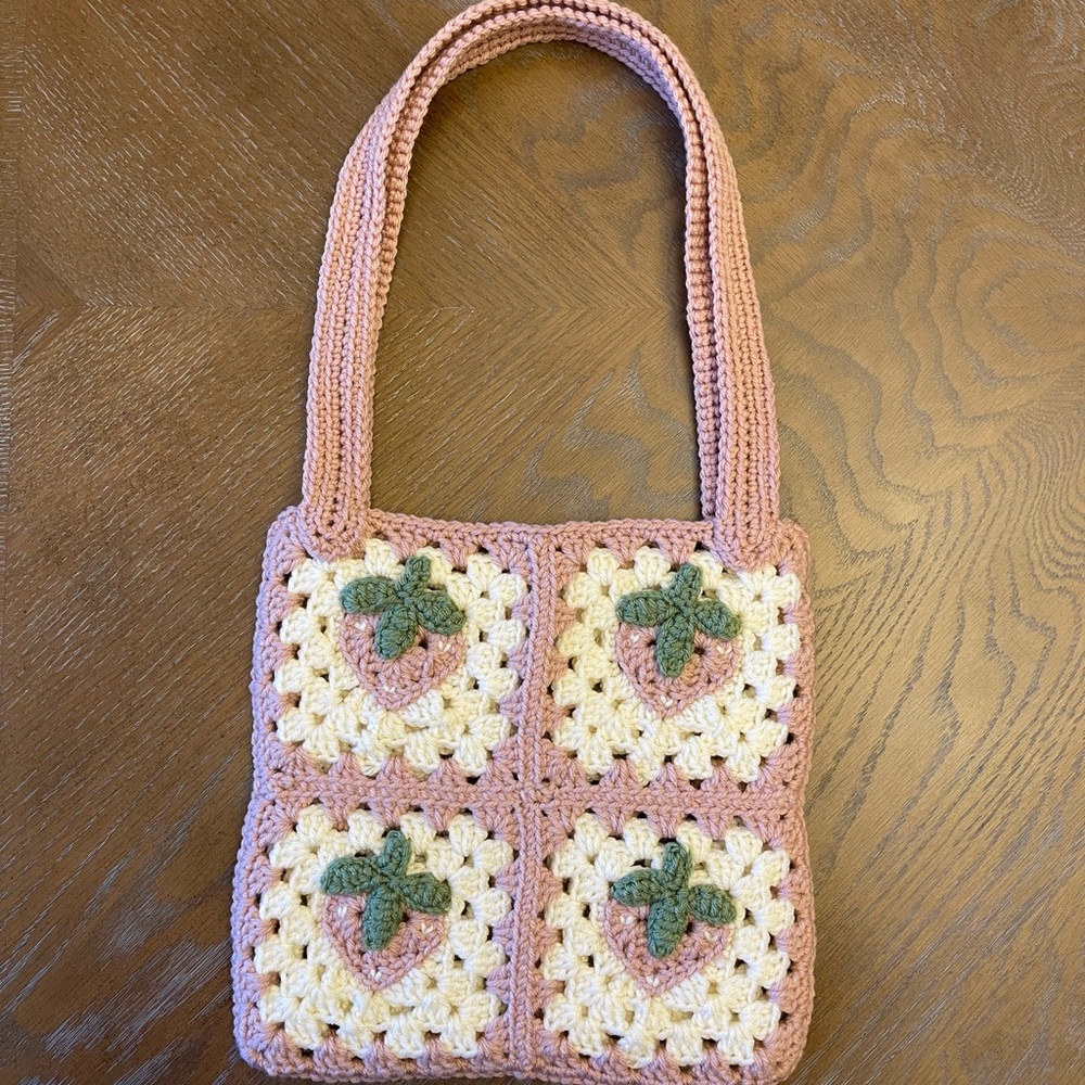Vintage pink strawberries crochet granny square shoulder bag